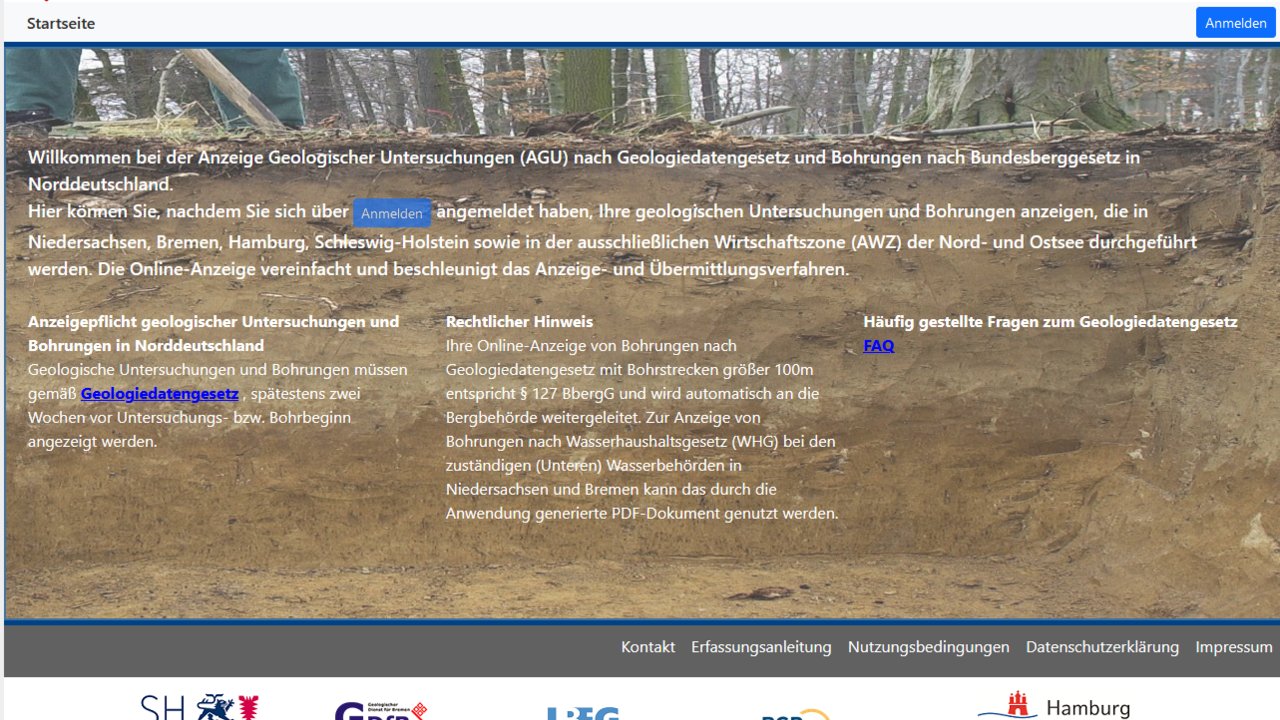 Startseite der „Anzeige Geologischer Untersuchungen in Norddeutschland“