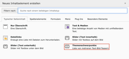Assistenten zum Anlegen einer Gruppe von Themenschwerkunten im Typo3-Backend