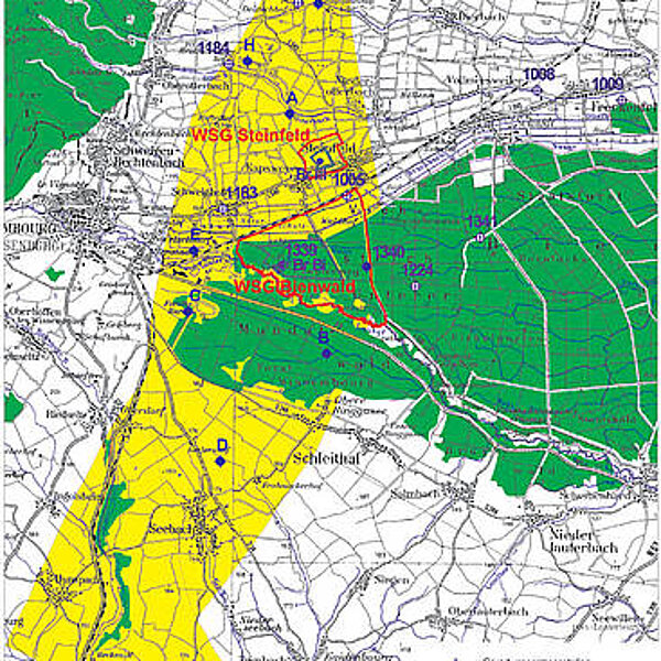Lage des „Bienwaldgrabens“ (gelb) mit den verschiedenen Grundwasserstockwerken Länderübergreifendes Wasserversorgungs-konzept Südpfalz/Nordelsass 2008-2030