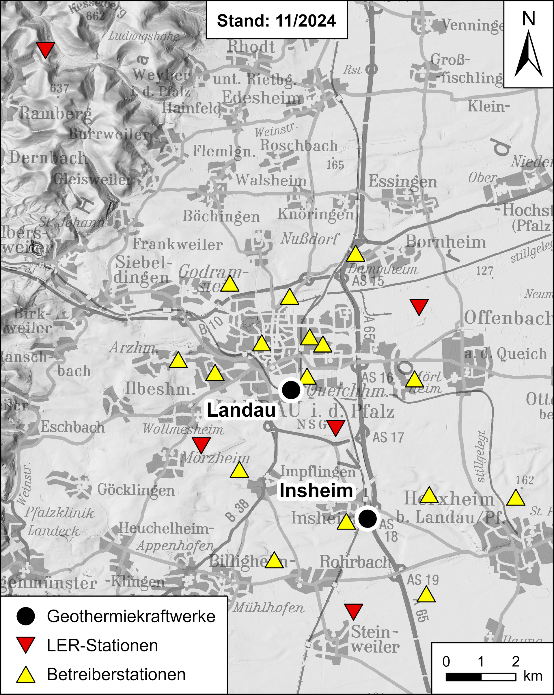 Messstationen im Bereich der Geothermiekraftwerke Landau und Insheim