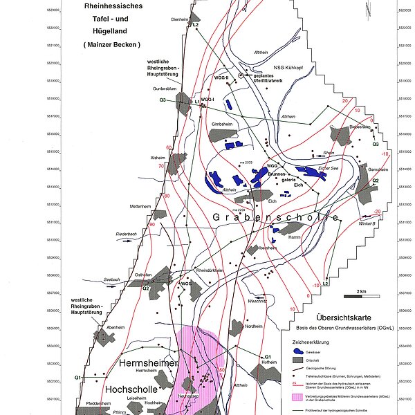 Übersichtskarte – Basis des Oberen Grundwasserleiters (OGwL) Hydrogeologische Kartierung Worms – Oppenheim