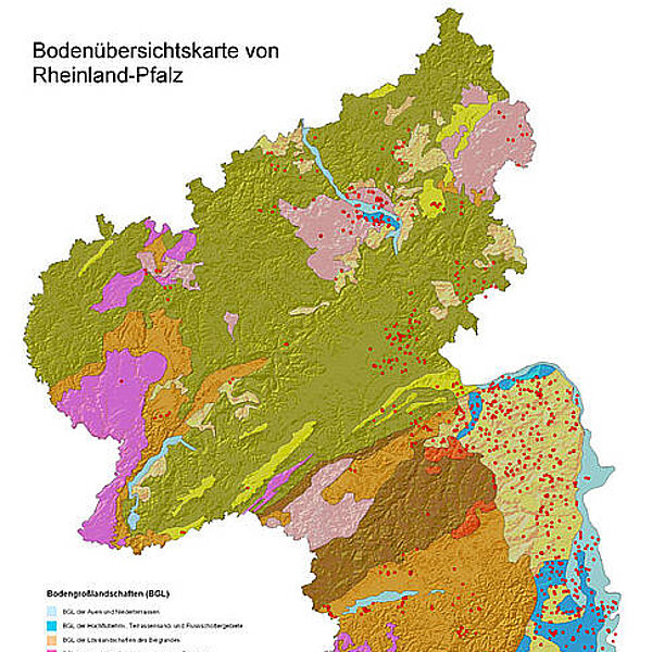 Lage der Profilpunkte mit Bodenphysikdaten in Rheinland-Pfalz. Bodenphysikalische Kennwerte