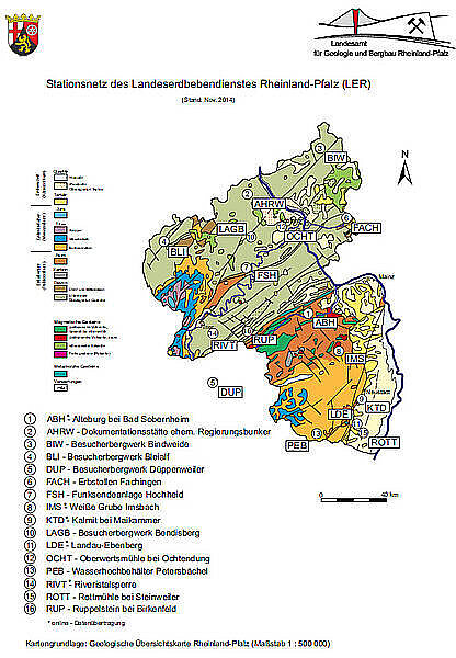 Geologische Übersichtskarte von Rheinland-Pfalz mit Lage der Mainzer Stationen Geologische Übersichtskarte von Rheinland-Pfalz mit Lage der Mainzer Stationen