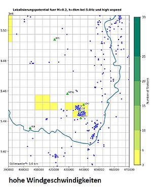Lokalisierungspotential für induzierte Beben der Magnitude ML = 0.2 bei hohen Windgeschwindigkeiten Lokalisierungspotential für induzierte Beben der Magnitude ML = 0.2 bei hohen Windgeschwindigkeiten