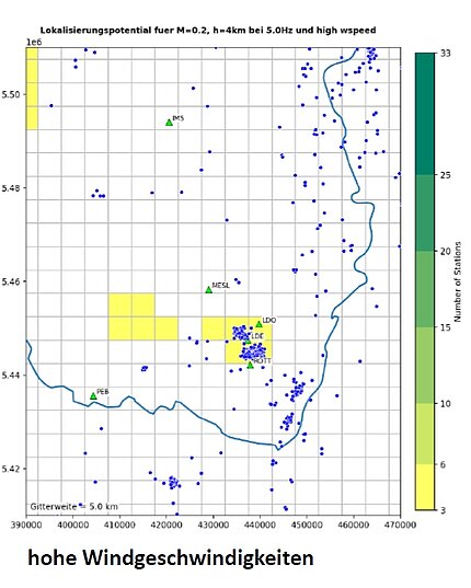 Lokalisierungspotential für induzierte Beben der Magnitude ML = 0.2 bei hohen Windgeschwindigkeiten