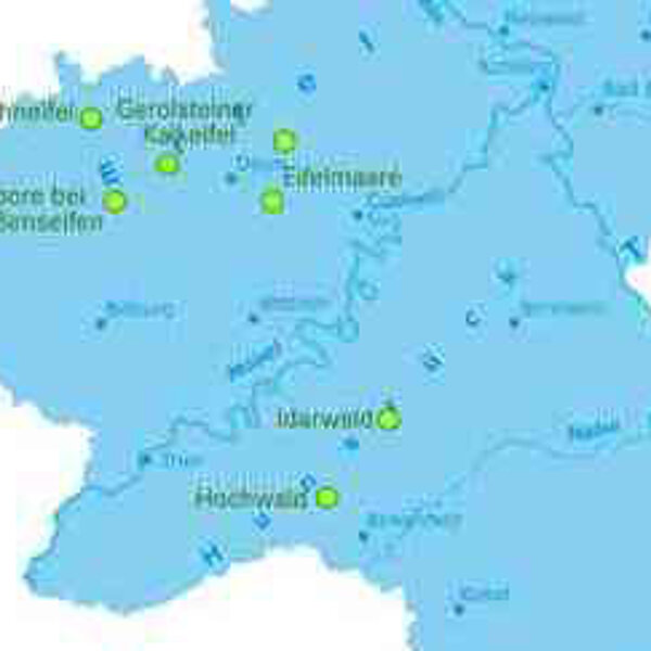 Karte der Projektgebiete EU Life Projekt „Wiederherstellung und Erhalt von Mooren im Hunsrück und in der Eifel“