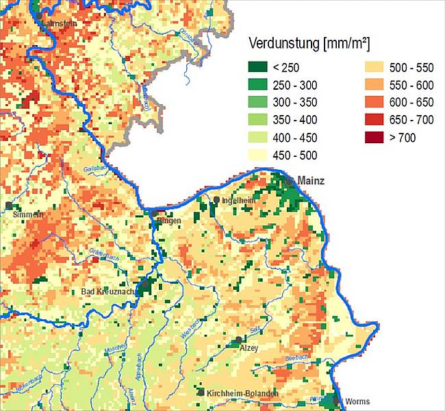 Ausschnitt der Karte der mittleren Verdunstung in Rheinland-Pfalz Ausschnitt der Karte der mittleren Verdunstung in Rheinland-Pfalz