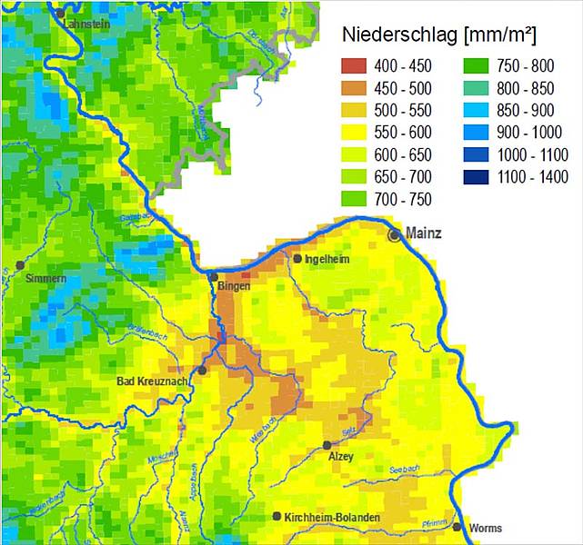 Ausschnitt der Karte der mittlere Niederschlagsverteilung in Rhein-land-Pfalz Ausschnitt der Karte der mittlere Niederschlagsverteilung in Rhein-land-Pfalz